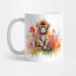 Watercolor picture of a cute little monkey with beautiful colored flowers. Mug